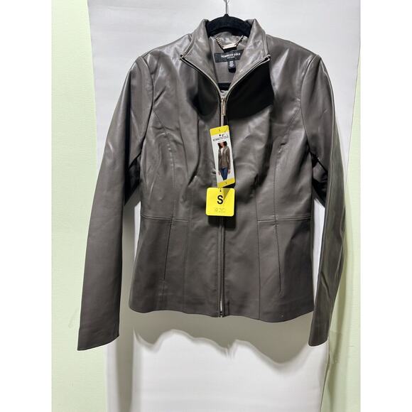 NWT KENNETH COLE WOMEN'S GRAY FAUX LEATHER STANDUP COLLAR ZIP JACKET SZ ~S - Picture 7 of 7
